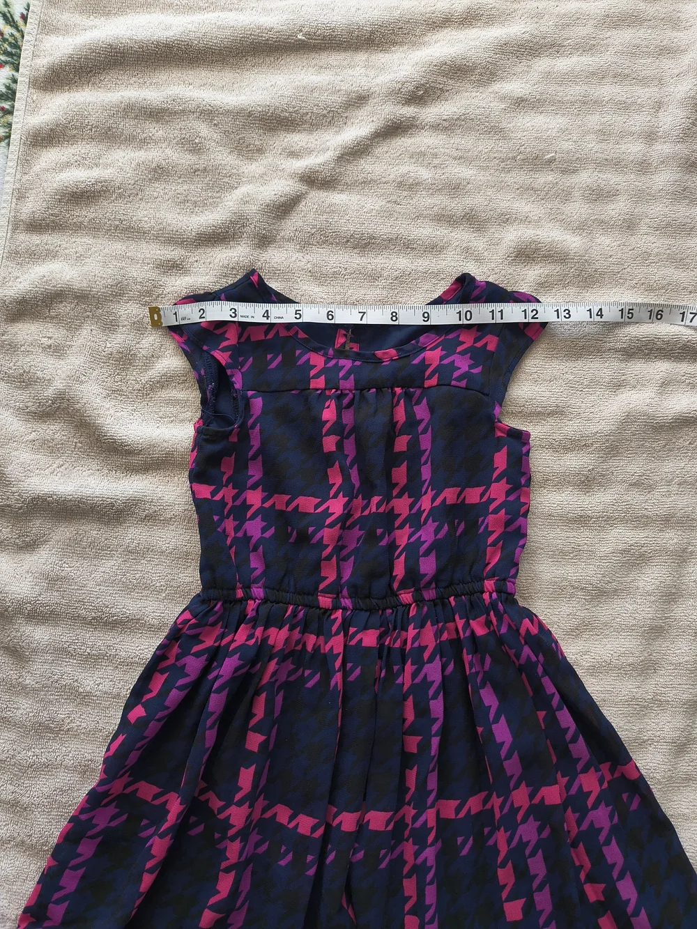 Girls Navy and Hot Pink Patterned Houndstooth Dress
